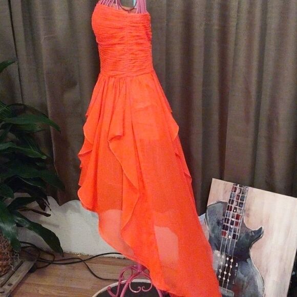 Arden B Neon Orange Strapless Asymmetrical Dress - Picture 6 of 8